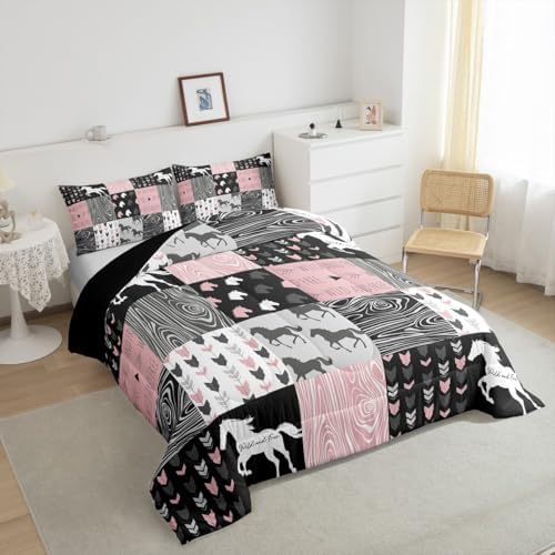 Girls Unicorn Comforter King Girly White Horse Bedding Western Cowboy Cowgirls Quilt Patchwork Buffalo Plaid Duvet Insert Arrow Stripes Wild Animal Soft Down Comforter 3Pcs Bedroom Decor,Pink Black - Image 5