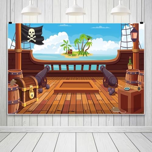Leowefowa Fabric Cartoon Pirate Photo Backdrop 12x8ft Wooden Pirate Ship Deck Background Cannon and Skull Flag Backdrops for Photography Nautical Adventure Backdrops for Parties Vinyl - Image 3