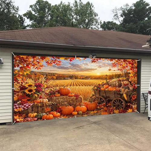 8X7Ft Fall Garage Door Banner, Autumn Pumpkin Scarecrow Harvest Leaves Backdrop Door Cover Fall Thanksgiving Wall Decorations Photo Background for Home Party Outdoor Yard Holiday - Image 3