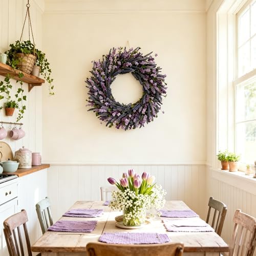 26 Inch Purple Lavender Flower Wreath for Front Door, Spring Summer Forsythia Lavender Flowers Wreath for Indoor and Outdoor Decor, Rustic and Farmhouse Purple for Home - Image 6