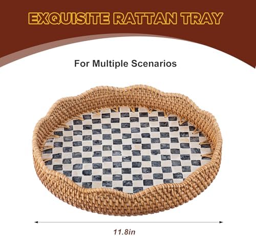 12 Inch Round Rattan Tray Mother of Pearl Inlay, Plaid Style - Image 2