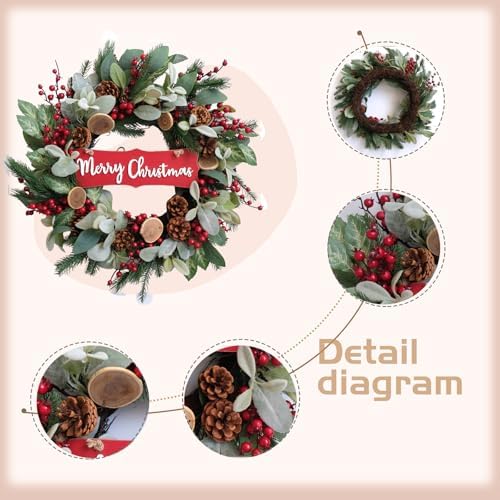 idyllic 24" Artificial Christmas Decoration Wreaths for Front Door with Lamb's Leaves Berries Pine Cones Winter Spring Wreath for Indoor Outdoor Home Wall Window Porch Decor - Image 2