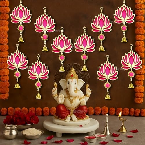 Divyakosh Fabric & Beads Lotus Hangings for Decoration,Pack of 10,Color,Pink,Door/Wall Decor,Mandir Pooja Room,Temple Decor,Export Quality,Wedding Backdrop Decorative Items,Size,9 Inch by Divyakosh