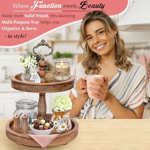 2 Tiered Tray Stand [Includes 3 Changeable Handles] - Rustic Cupcake Stand, Coffee Table Tiered Serving Tray for Kitchen Counter, Stunning Rustic Home Decor, Display Fruits, Plants, Candles (Brown) - Image 5