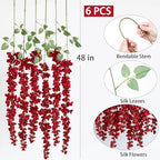 mizii 6Pcs Red Wisteria Hanging Flowers 48" Silk Wisteria Artificial Flowers Garland Vines Fake Hanging Flowers Decoration for Wedding Flower Wall Backdrop Centerpieces Room Decor (Red) - Image 2