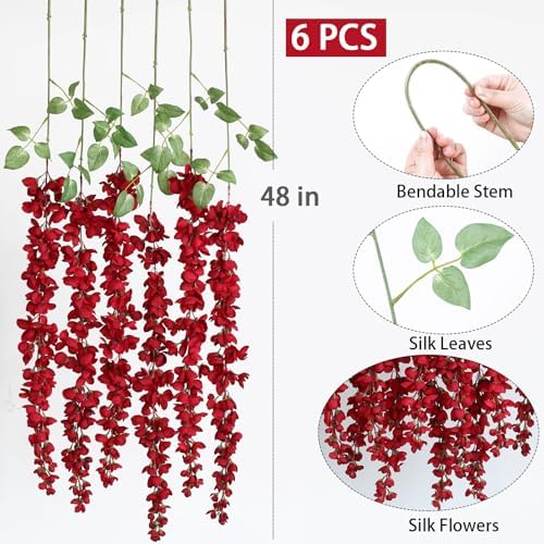 mizii 6Pcs Red Wisteria Hanging Flowers 48" Silk Wisteria Artificial Flowers Garland Vines Fake Hanging Flowers Decoration for Wedding Flower Wall Backdrop Centerpieces Room Decor (Red) - Image 2