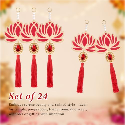 AceOrbit 24 Pcs Red Lotus Diwali Hanging Decorations for Home 10 Inch Wooden Lotus Garlands Backdrop Wall Hanging for Indian Pooja Ganesh Chaturthi Navratri Temple Wedding Decor - Image 3