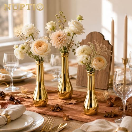 NUPTIO Gold Bud Vases for Centerpiece: 12 Pcs Small Flower Vase for Table - Vintage Skinny Ribbed Vase in Bulk for Wedding Party Home Decor - Image 3