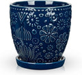 Hollyone 6 Inch Blue Ceramic Planter Flower Plant Pot with Drainage Hole and Saucer for Plants Embossed Indoor Outdoor Garden Embossed Ceramic Glazed Round Pot for Succulent Orchid Mixed Pattern by Hollyone