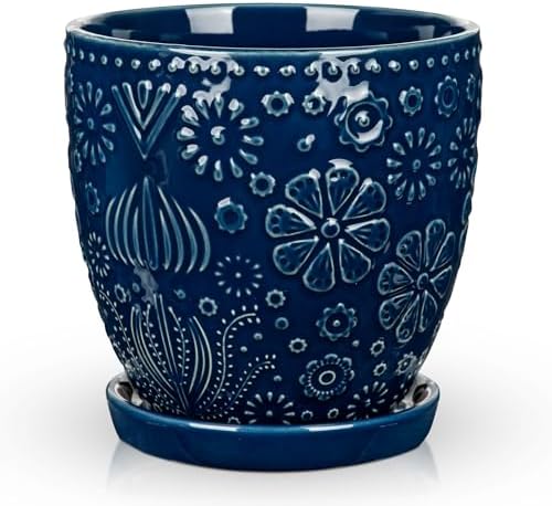 Hollyone 6 Inch Blue Ceramic Planter Flower Plant Pot with Drainage Hole and Saucer for Plants Embossed Indoor Outdoor Garden Embossed Ceramic Glazed Round Pot for Succulent Orchid Mixed Pattern by Hollyone
