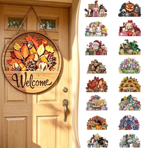 11.8'' Interchangeable Welcome Sign for Front Door - Magnetic Seasonal Wooden Porch Sign with 16 Magnetic Icons, Farmhouse Wreath Decor for Holidays and Year Round，16pcs by Unknown