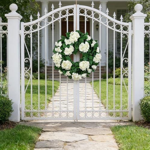 27" Hydrangea Wreath for Front Door – All-Season Wedding Décor with Lamb’s Ear Leaves & Hydrangea Blooms – Spring/Summer Farmhouse Style, Perfect Year-Round Decoration (White Hydrangea, Extra Large) - Image 3