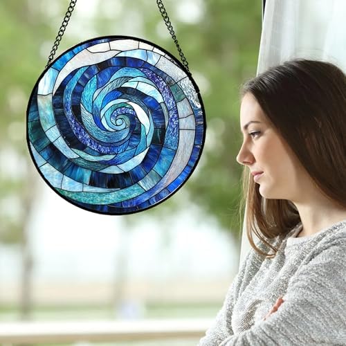 Blue Ocean Wave Stained Glass Window Hanging Suncatcher Gift for Women 15" - Image 4