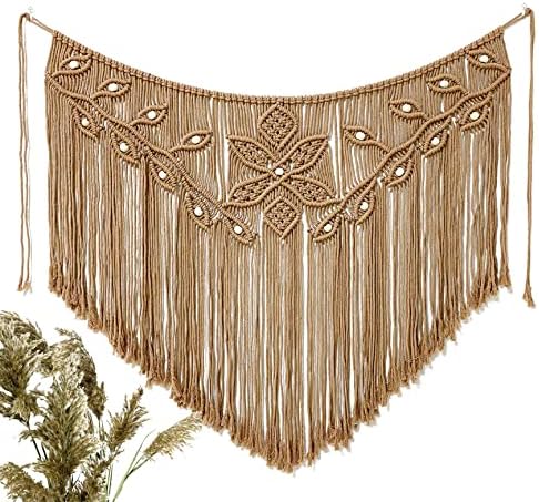 Youngeast Home Decor Leaf Shape Macrame Wall Hanging Woven Tapestry Bedroom Curtain Fringe Garland Banner Living Room Wall Decor Brown 39X31 inches - Image 3