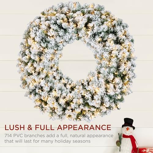 Best Choice Products 48in Large Flocked Artificial Pre-Lit Fir Christmas Wreath Holiday Accent Decoration w/ 200 2-in-1 LED Lights, 714 PVC Tips - Image 6