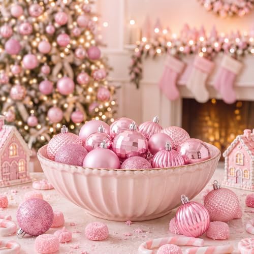 Lunmon 64 Pieces Pink Christmas Ball Ornaments Shiny Pink Xmas Bulbs - Image 6