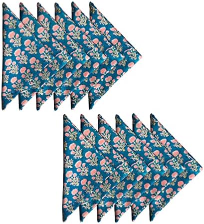 AVKA Studio Cotton Print Napkins 18x18 inches - Washable Cloth Dinner Napkins Set of 12 - Everyday Use or Dinner Party and Events - Teal Blue Indian Block Printed Soft Fabric by AVKAStudio