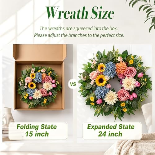Summer Wreaths for Front Door, 24 Inch Artificial Spring and Summer Wreath with Peonies, Early Summer Chrysanthemums, Hydrangeas, Roses, Sunflowers, and Tulips, Decor for Indoor Outdoor - Image 5