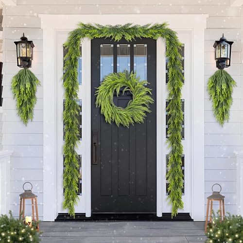 Glitzhome 28 Inch Christmas Norfolk Pine Wreath for Front Door, Real Touch Artificial Greenery Wreath for Windows, Walls, Porches Indoor and Outdoor Home Decoration - Image 2