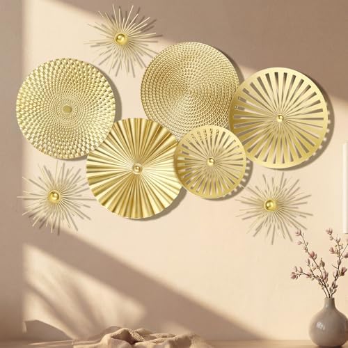 Gold 8 Pcs Wall Decor Round Modern Metal Plate Art - Image 2