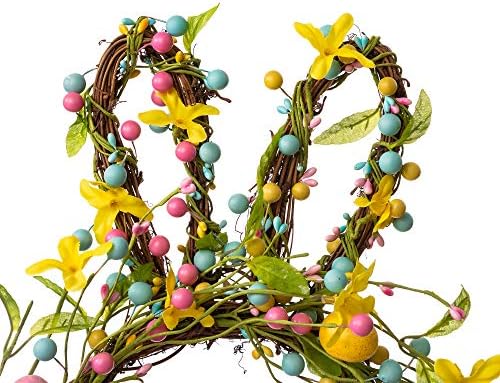 Glitzhome 24.8”H Easter Bunny Spring Wreath with Ribbon Bow Easter Eggs for Front Door Wall Decoration Easter Rabbit Garland with Colored Eggs Berries Wall Front Door Easter Decoration - Image 4