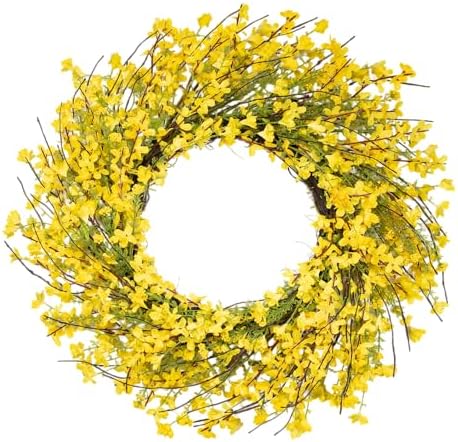 24 Inch Spring Wreath for Front Door, Artificial Yellow Forsythia Flower Grapevine Wreath for All Seasons - Farmhouse Indoor Outdoor Decor for Porch, Wall, Easter & Summer by wwmira