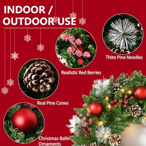 24 Inch Pre-Lit Artificial Christmas Wreath for Front Door, Christmas Door Decorations Wreath with LED Warm Lights, Balls, Pine Needles, and Red Berries Wall Windows Ornament - Image 2