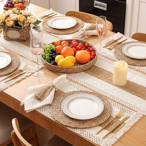 4 Sets Boho Kitchen Decor,Table Setting Decor with Round Woven,Rectangular Boho,Wooden Bead Napkin Rings,Cloth Napkins,Table Runner & Storage Basket,Natural Burlap Cotton for Kitchen Dining Table Home - Image 6