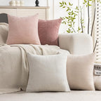 Set of 4 Soft Textured Decorative Throw Pillow Covers 18x18 Inch Cozy Farmhouse Cushion Cover Square Accent Pillow Cases for Bed Couch Sofa Living Room, White Beige Pink - Image 2
