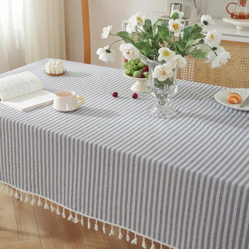 meioro Table Cloth Blue White Striped Tablecloth Tassels Cotton Blend Dust-Proof Table Cover for Dining Coffee Buffet Kitchen Picnic Tables, Parties Tablecloths(Blue) - Image 4