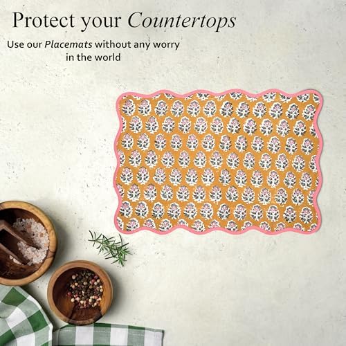 CPC Cotton Placemats Citrine Yellow Set of 4-Hand Block Printed Reversible Placemats, Flower Scalloped & Embroidered Cloth Table Mats - 14 x 20 inch Gift for Spring, Mother's Day - Image 6