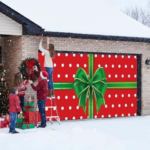 Garage Door Christmas Cover 7x16FT: Garage Bow Gif Box Christmas Decorations with Bar Magnets & Ropes, Holiday Garage Door Banner Decorative Xmas, Party Wall Backdrop Indoor Outdoor - Image 5