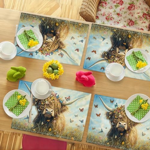 Farmhouse Highland Cow Placemats Set of 6 Rustic Animal Table Mats Farm Butterfly Place Mats Decor Imitation Linen Heat Resistant Tablecloth for Dining Decoration Kitchen Party Restaurants 12''x18'' - Image 3