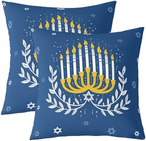 Erosebridal Hanukkah Hexagram Stars Throw Pillow Covers Six-Pointed Star Candlestick Pillow Cases 24X24 Inch for Sofa Bed Couch,Watercolor Candle Lights Decorative Cushion Covers, Blue and White 2Pcs by Erosebridal