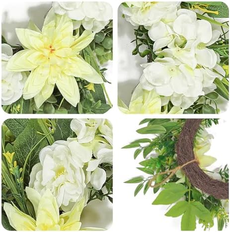 22 Inch Summer Wreaths for Front Door, Spring Summer Floral Wreath - Yellow Dahlia and White Hydrangea, Spring Door Wreath for Front Door, Porch, Outdoor, Indoor, Window, Farmhouse Decor - Image 5