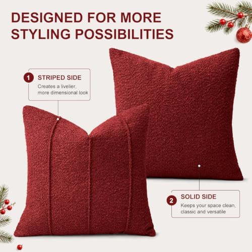 YCOLL Christmas Red Boucle Pillow Covers 22x22 Set of 2, Textured Christmas Pillow Covers with Striped Design, Soft Farmhouse Decorative Throw Pillow Covers for Christmas Decor - Image 3