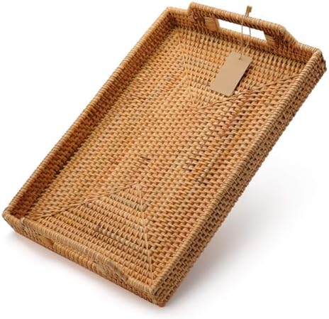 Hand-Woven Rattan Rectangular Serving Tray with Handles for Breakfast, Drinks, Snack for Coffee Table (17x11.4x1.8inches) - Image 2