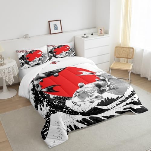 Mount Fuji Quilt Japanese Style Koi Fish Duvet Insert Ukiyo-E Theme Comforter Set Mountain Cherry Blossom Red Sun Ink Painting Down Comforter 3 Pieces with 2 Pillow Cases, King Size Black White - Image 4