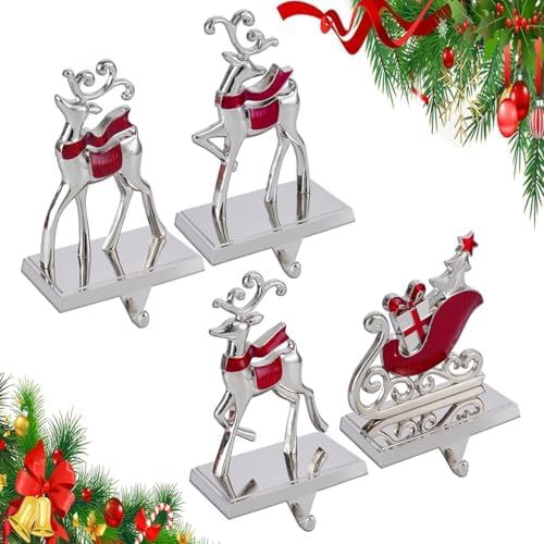 Reindeer Stocking Hangers and Sleigh Hooks for Fireplace, Alloy Hooks Hanger for Xmas (Set of 4 Red Reindeer Stocking Holders) by Kosmeey