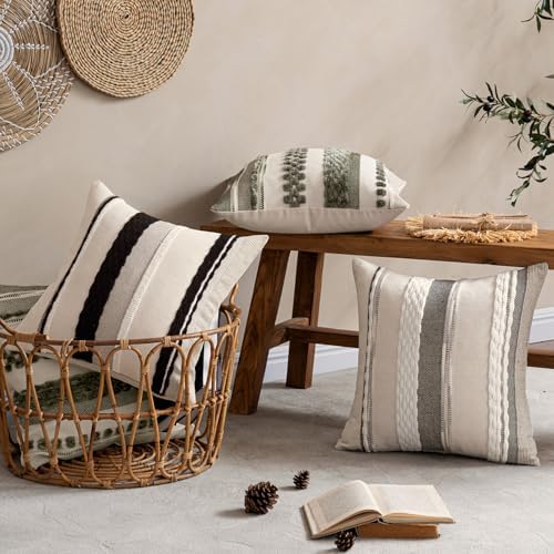 ANRODUO Boho Decorative Pillow Covers 20x20 Pack of 2 Black-White Stripe 2 - Image 3