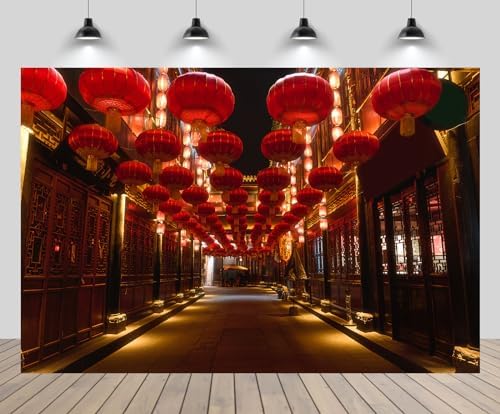20x10ft China Vintage Street Backdrop Asia Chinese Lunar New Year Red Lanterns Wooden Building Night View Background Asian China Travel Party Decor Photo Studio Booth Props Wallpaper by CHNYWORK