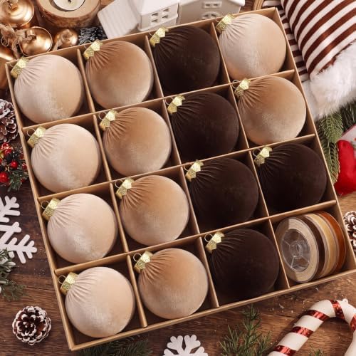 Simgoing 15 Pcs Neutral Velvet Christmas Ball Ornaments 3.15 Inch Brown Beige Polka Dot Flocked Xmas Ornaments with 10 Yards Velvet Ribbon Baubles Shatterproof Christmas Decoration for Holiday by Simgoing