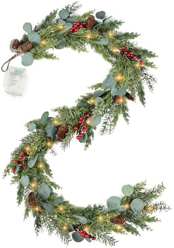 6ft Christmas Garland with Lights Artificial Cedar Cypress Garland with Pine Cones Garland for Home Fireplace Wall Indoor Outdoor Holiday Party Decoration by MDSTBN