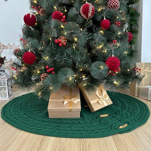 48-Inch Cable Sweater Knit Christmas Tree Skirt with Wooden Toggles, Forest Green - Image 6