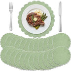 Set of 24 Sage Green Cotton Placemats 15" Round Scalloped White by Gandeer