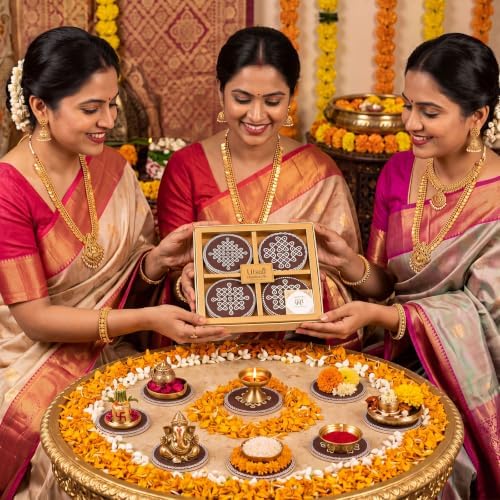 16 Pcs Indian Return Gifts Mini Kolam Ceramic Round Pooja Stand, Brown - Image 6