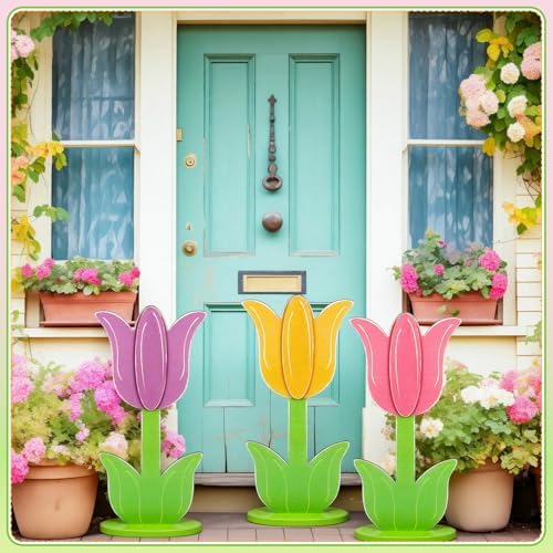 3 Pcs Large Spring Porch Decorations Wooden Tulip Yard Signs Outdoor Spring Decorations Tulip Flower Block Sign for Holiday Front Home Door Outdoor, 15.75 Inch - Image 5