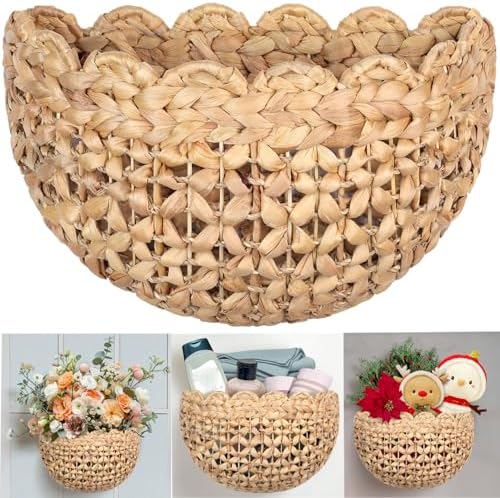 Handwoven Water Hyacinth Scalloped Hanging Basket, Wall Basket Hanging for Flowers Front Door Entryway, Living Room Scalloped Décor Wall Hanging Baskets 16" x 10" x 7", Boho Hanging Storage (Natural) by VINAHAND
