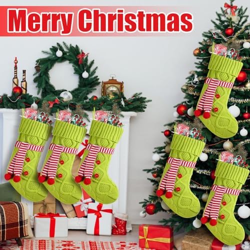 6 Pieces Green Christmas Stocking 18 Inches Large Green Knitted Stocking with Scarf Xmas Hanging Stocking Decorations for Fireplace Christmas Holiday Party Decoration Family Stockings - Image 4