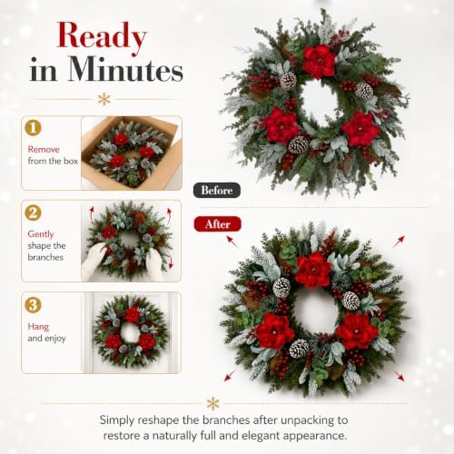 28 Inch Christmas Wreath for Front Door, Frosted Red Magnolia Winter Wreath - Image 5